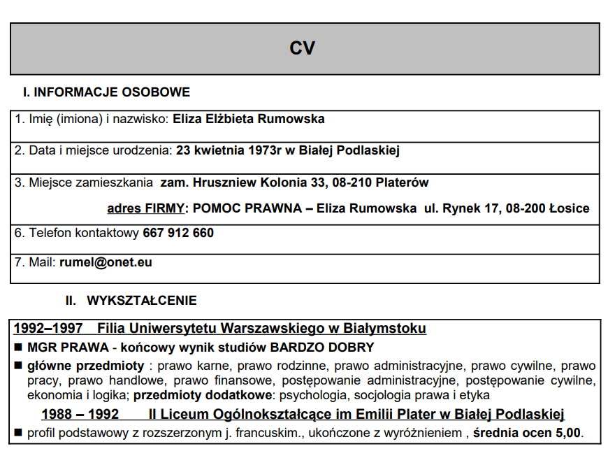eliza rumowska pomoc prawna CV