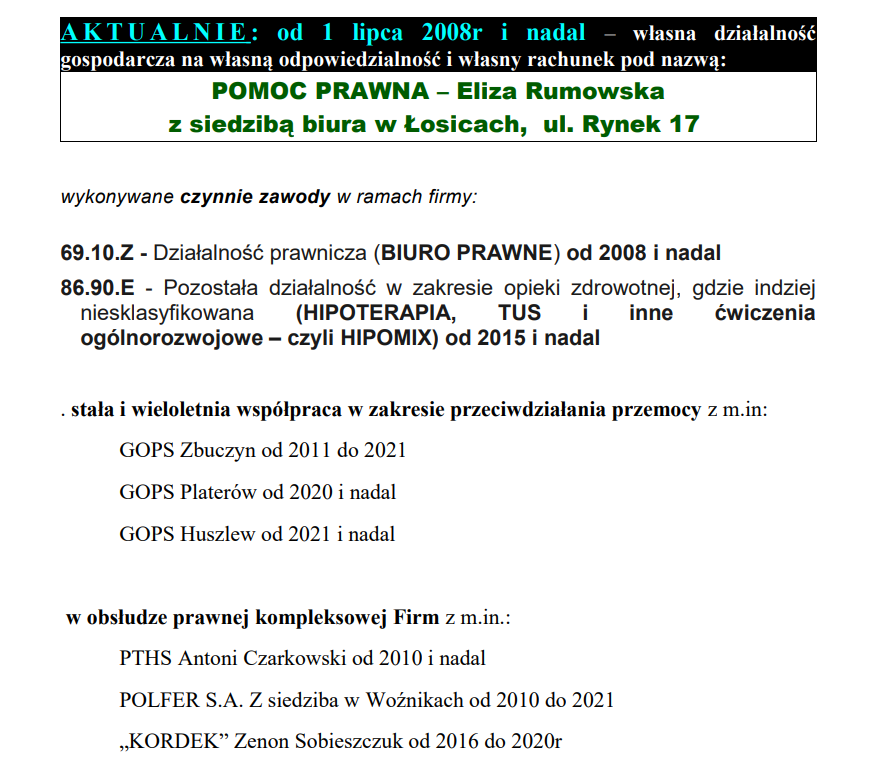 eliza rumowska pomoc prawna działalność gospodarcza