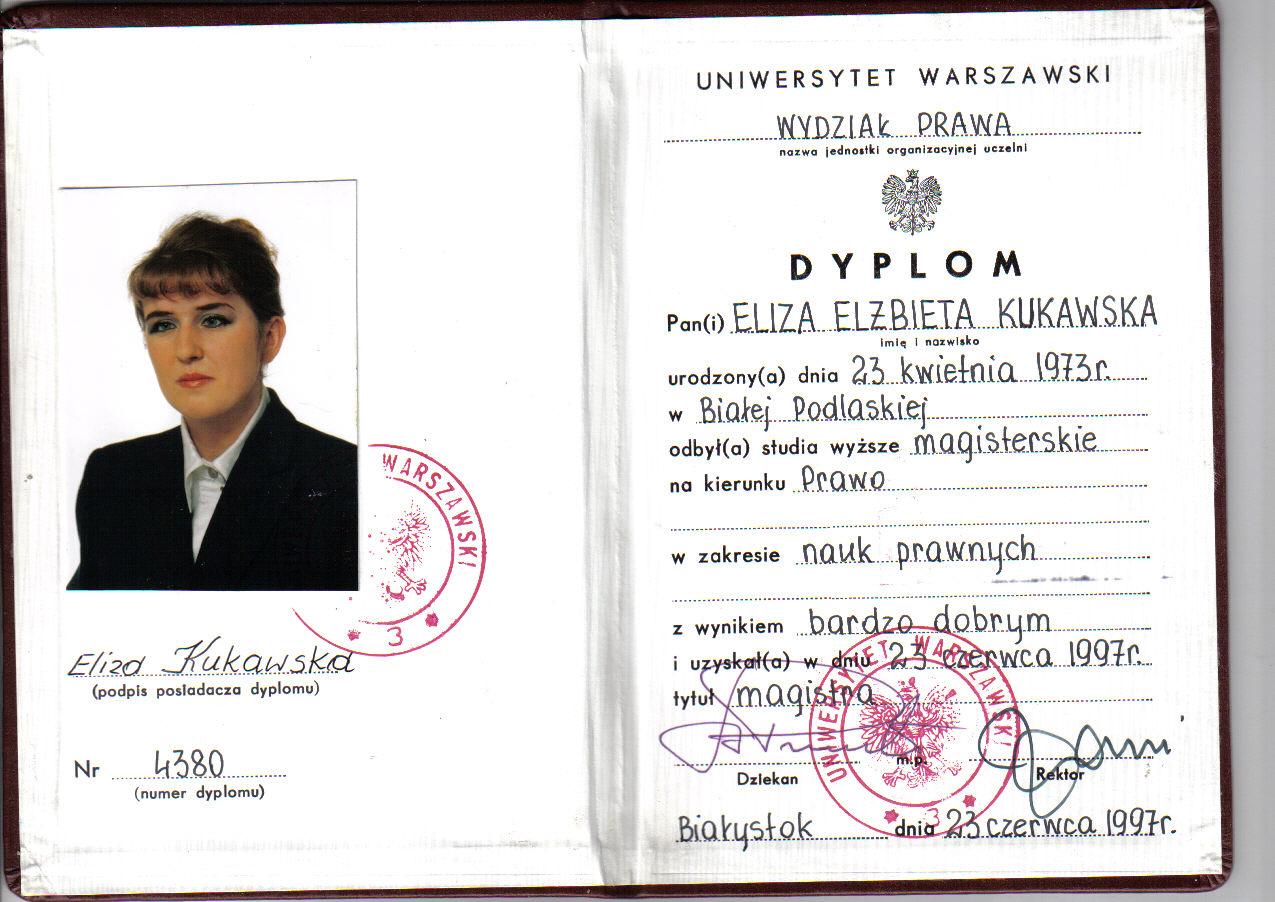 eliza rumowska dyplom ukończenia studiów magisterskich na kierunku prawo